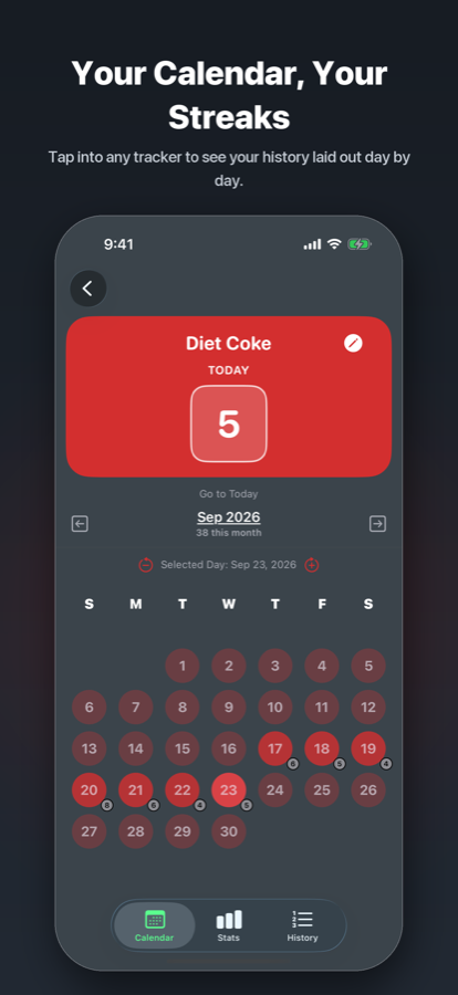 Calendar view showing daily counts for Diet Coke