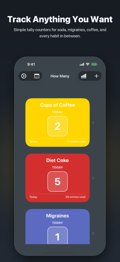 Home screen with colorful counter cards for Cups of Coffee, Diet Coke, and Migraines